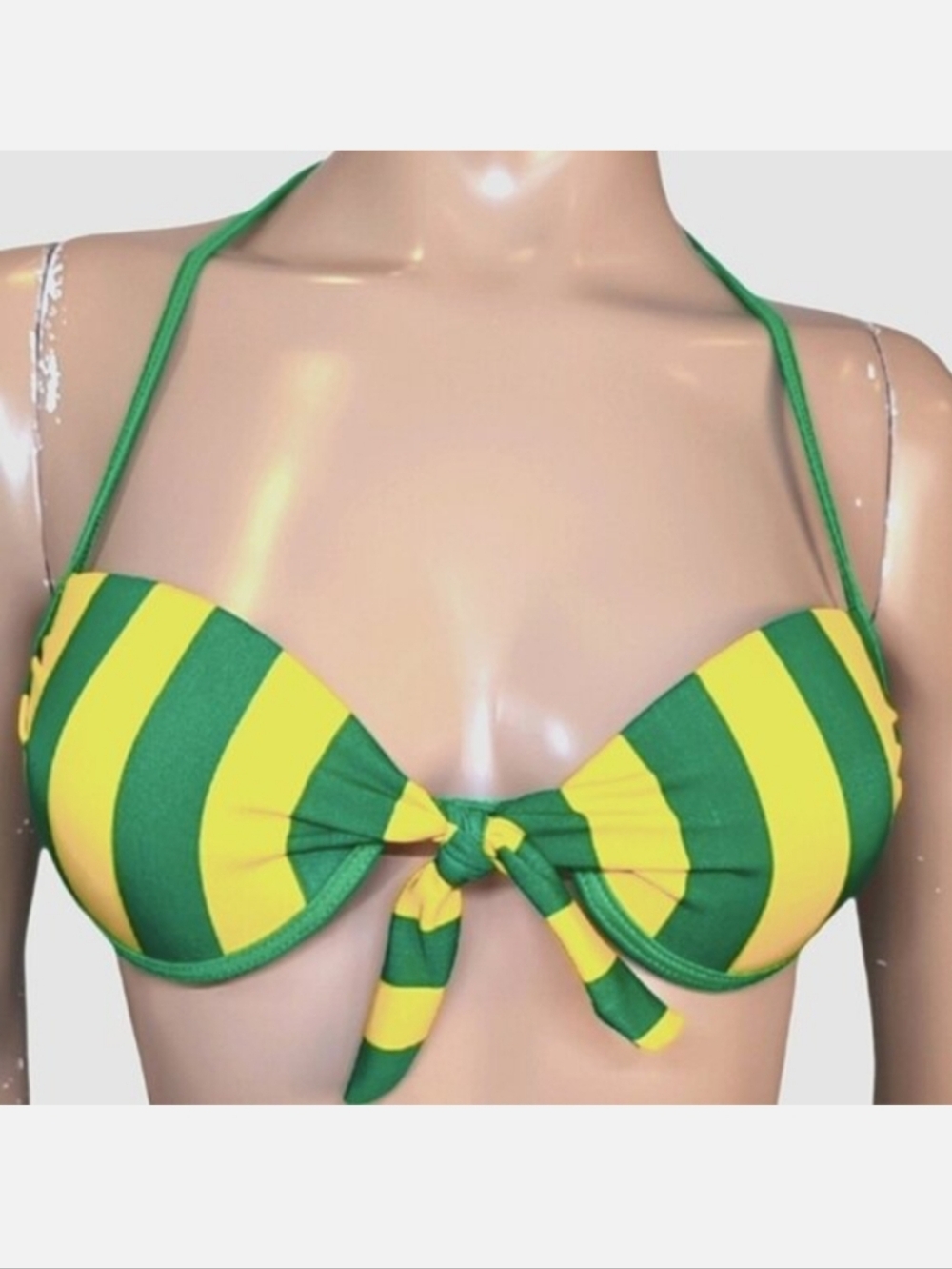 Vintage Brazilian Striped Bikini Top Halter Tie Front Underwire Green Yellow